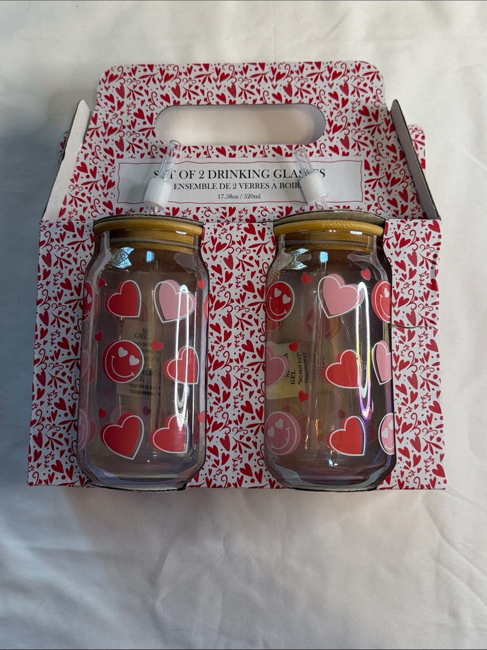 Heart-Print Drinking Jar Set with Straw - Pink & Red